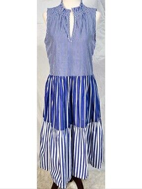 J Crew Striped Tiered A Line Dress Blue White Sleeveless Classic Quiet Luxury
